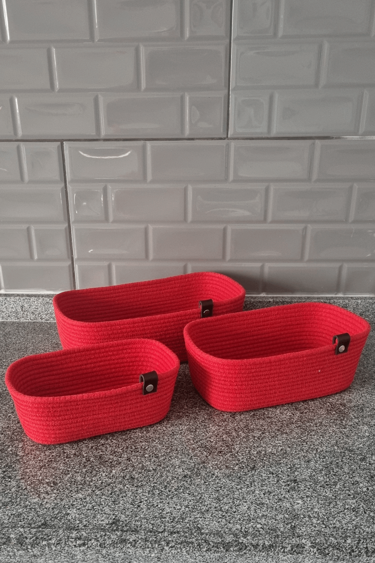 3lü Set Dikdörtgen Kordon İp Sepet, Pamuk Kordon, Hasır Organizer Sepet, Jüt Sepet, Kırmızı