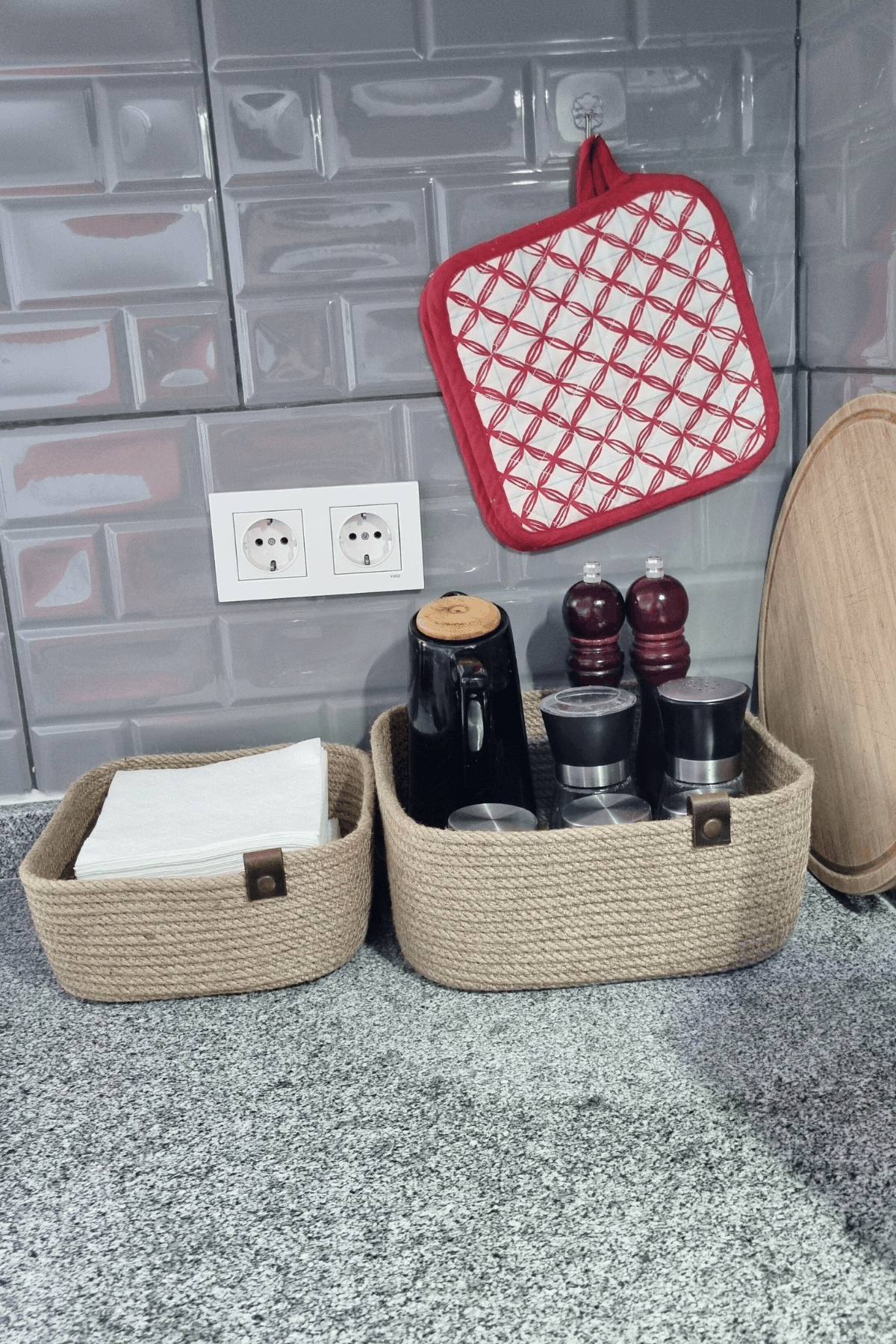 Jüt Hasır Sepet 2Li Kare Düzenleyici, 2Li Kare Jüt Sepet Organizer, 2li Mutfak & Banyo Düzenleyicisi