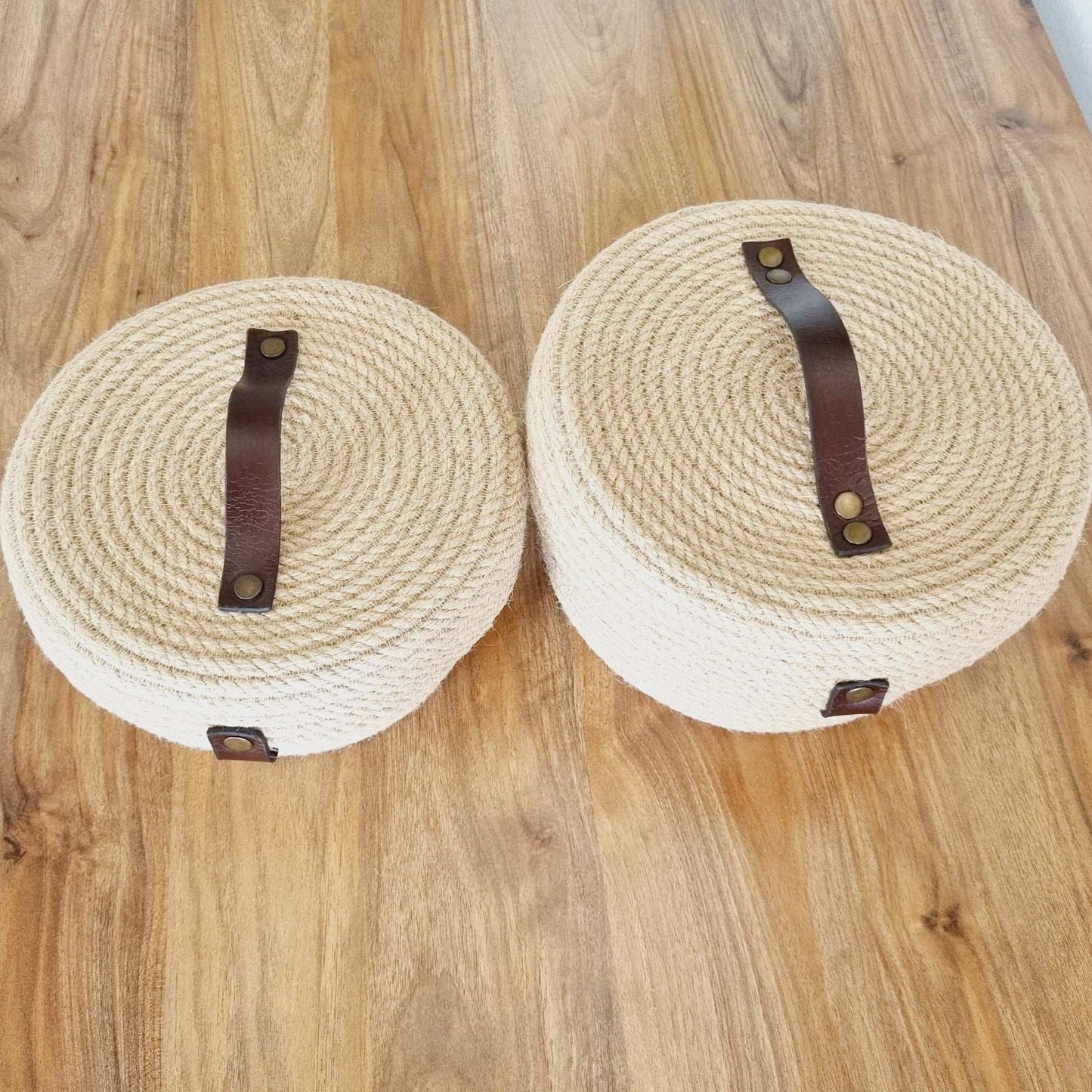 Hasır Sepet Kapaklı Deri Tutma Saplı, Jüt Sepet Organizer, 2 Li Sepet Takımı, Kapaklı Jüt Sepet