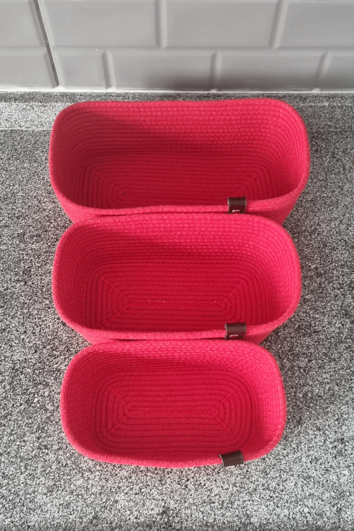 3lü Set Dikdörtgen Kordon İp Sepet, Pamuk Kordon, Hasır Organizer Sepet, Jüt Sepet, Kırmızı