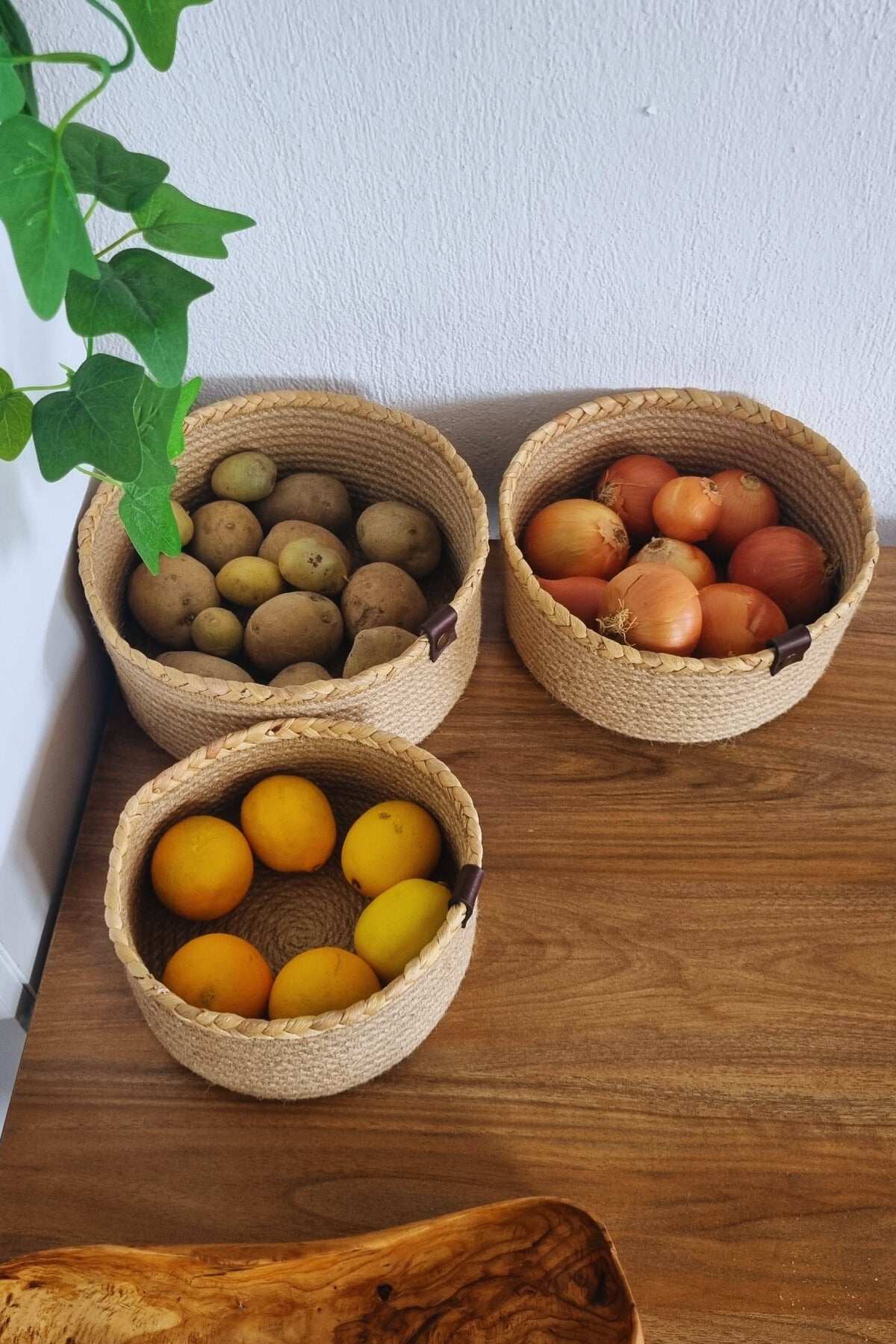 3Lü Jüt Hasır Sepet, Mutfak Düzenleyici, Organizer Jüt Sepet, 3 Set Jüt Hasır Sepet