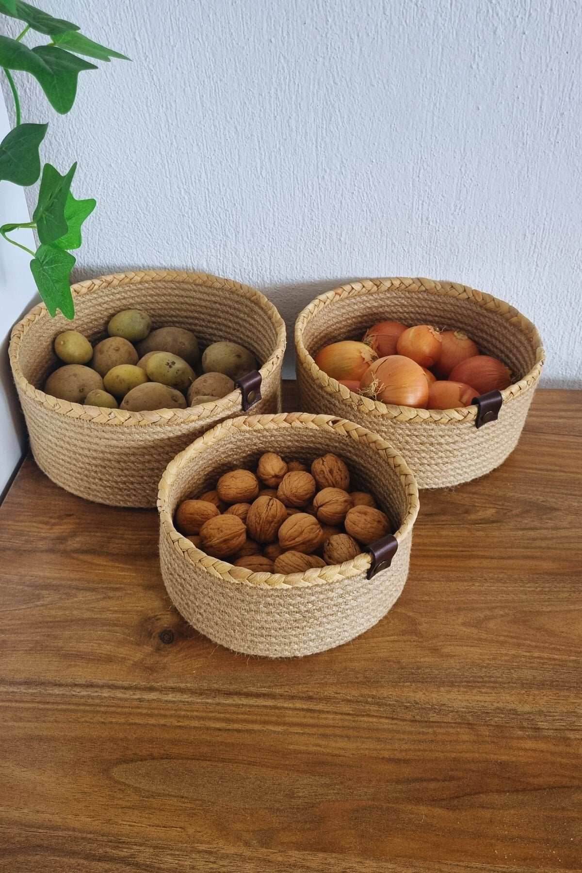 3Lü Jüt Hasır Sepet, Mutfak Düzenleyici, Organizer Jüt Sepet, 3 Set Jüt Hasır Sepet
