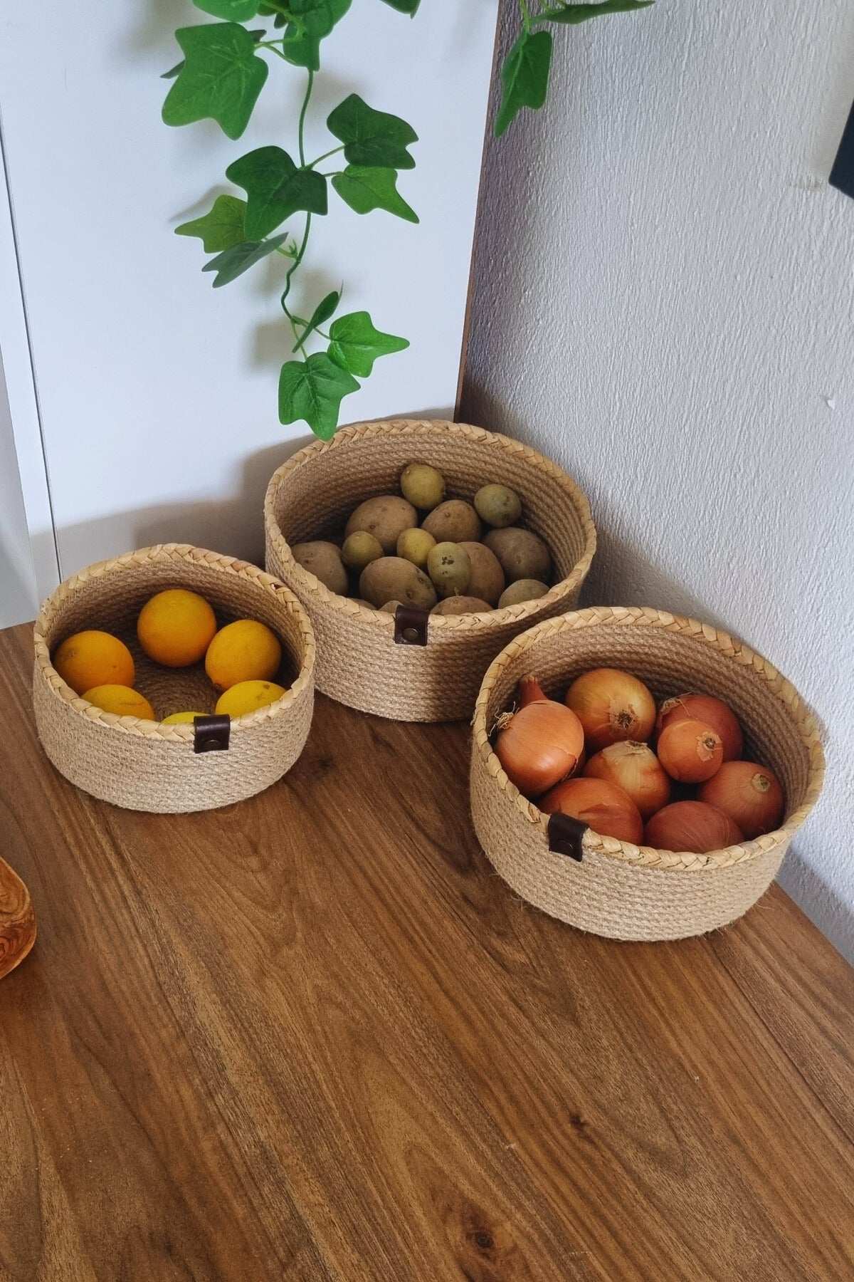 3Lü Jüt Hasır Sepet, Mutfak Düzenleyici, Organizer Jüt Sepet, 3 Set Jüt Hasır Sepet