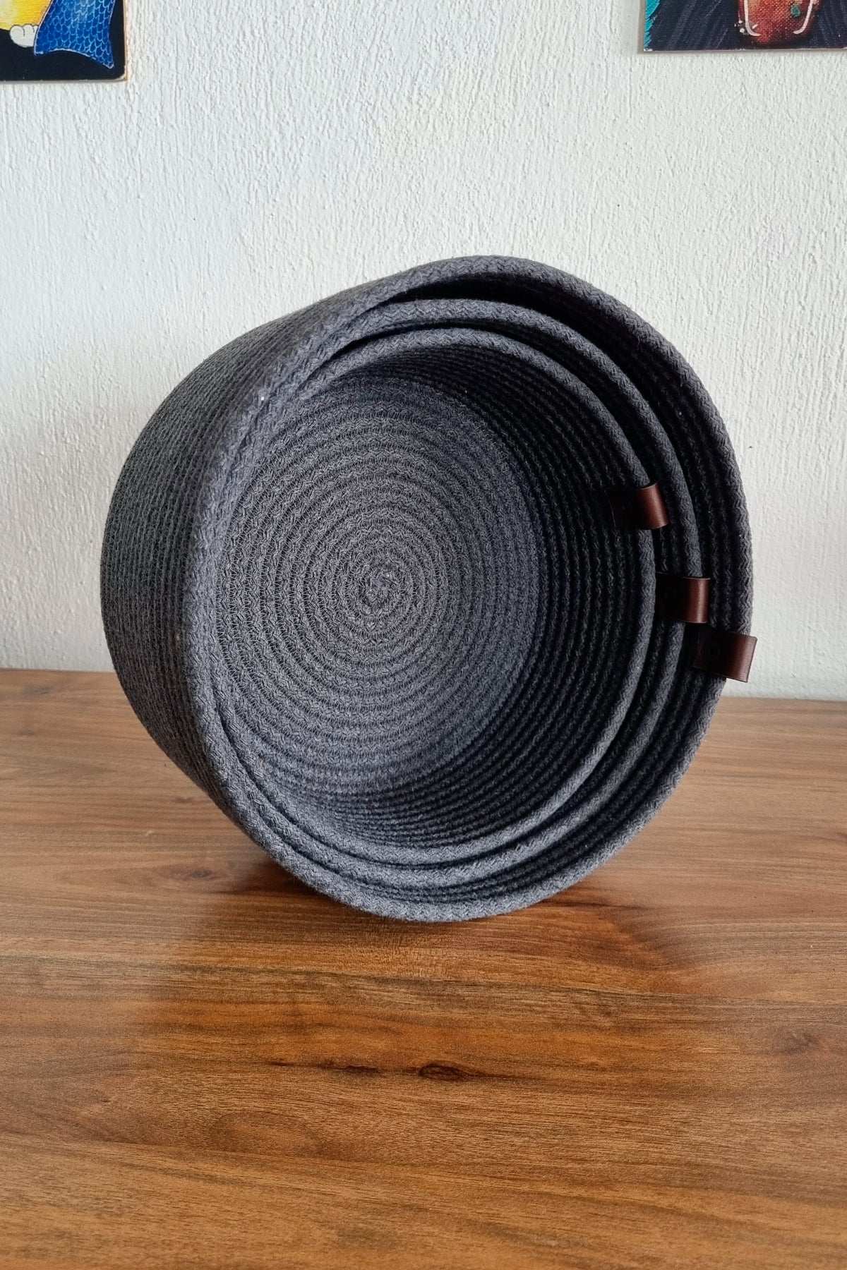 3lü Set Yeşil Yuvarlak Jüt Hasır Sepet, Çok Amaçlı Düzenleyici, Kordon İp Sepet, Organizer