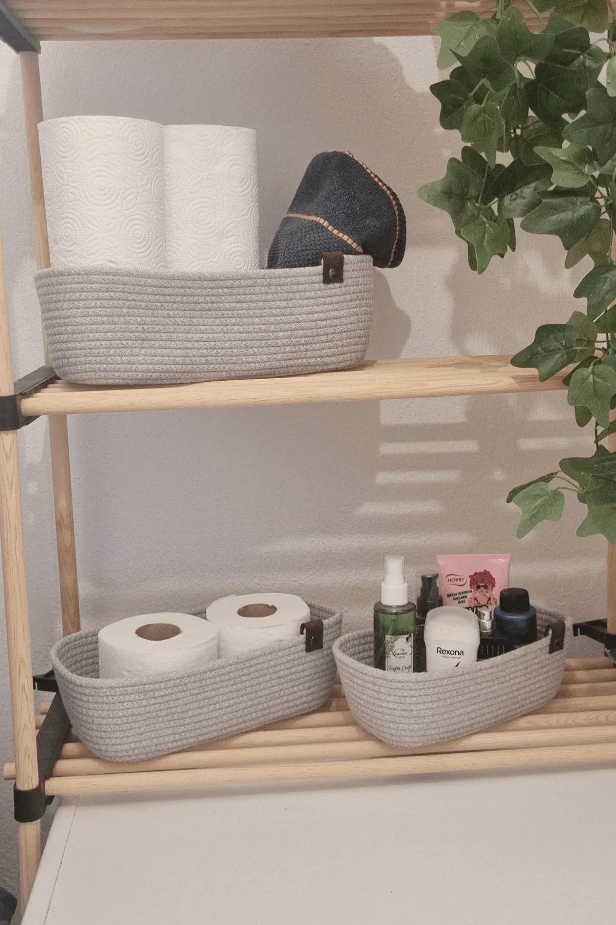 3lü Set Açık Gri Dikdörtgen Kordon İp Sepet, Pamuk Kordon, Hasır Organizer Sepet, Jüt Sepet - MKY CRAFT