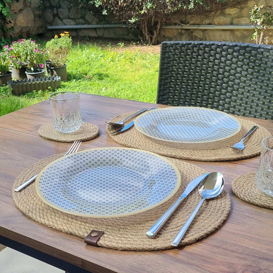 Jüt Oval Amerikan Servis ve Bardak Altığı 43cm, El Yapımı Amerikan Servis
