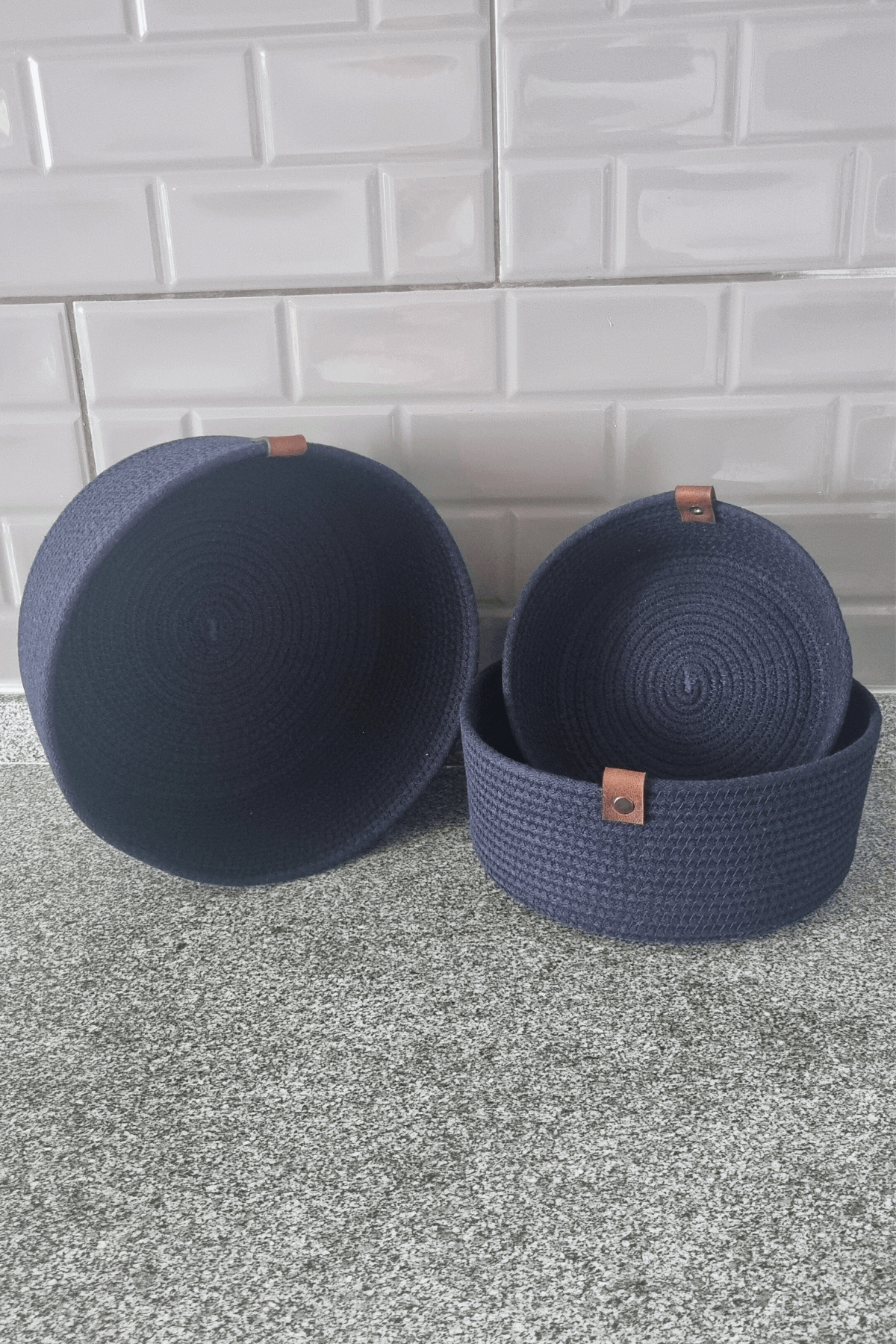 3lü Set Yuvarlak Jüt Hasır Sepet, Çok Amaçlı Düzenleyici, Kordon İp Sepet, Organizer, Lacivert