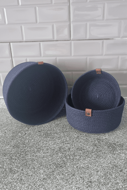 3lü Set Yuvarlak Jüt Hasır Sepet, Çok Amaçlı Düzenleyici, Kordon İp Sepet, Organizer, Lacivert