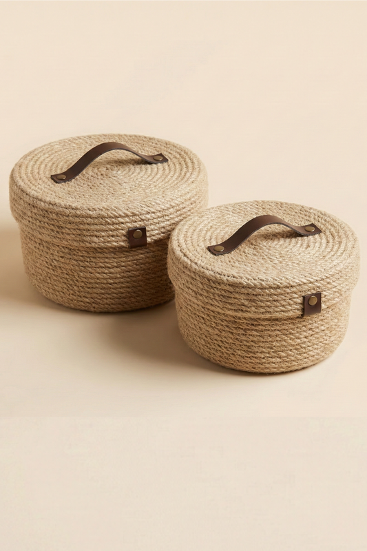 Hasır Sepet Kapaklı Deri Tutma Saplı, Jüt Sepet Organizer, 2 Li Sepet Takımı, Kapaklı Jüt Sepet