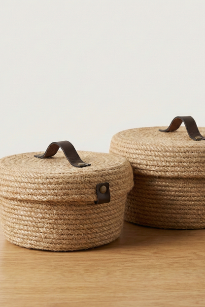 Hasır Sepet Kapaklı Deri Tutma Saplı, Jüt Sepet Organizer, 2 Li Sepet Takımı, Kapaklı Jüt Sepet