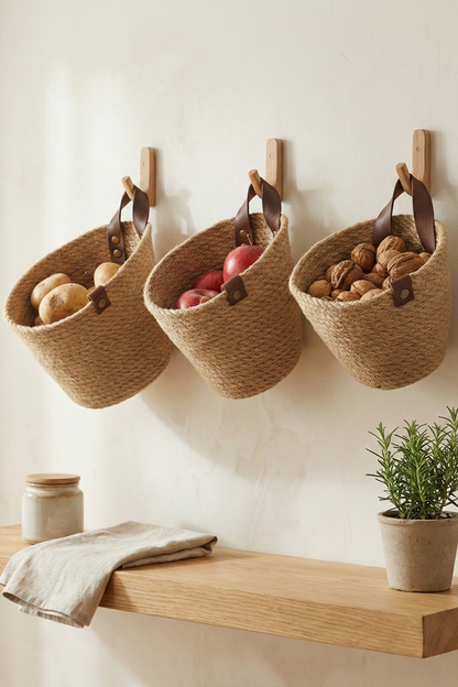 3lü Askılı Jüt Sepet, Hasır Sepet Duvara Asılabilir, Mutfak Organizer, Jüt Hasır Askılı Sepet