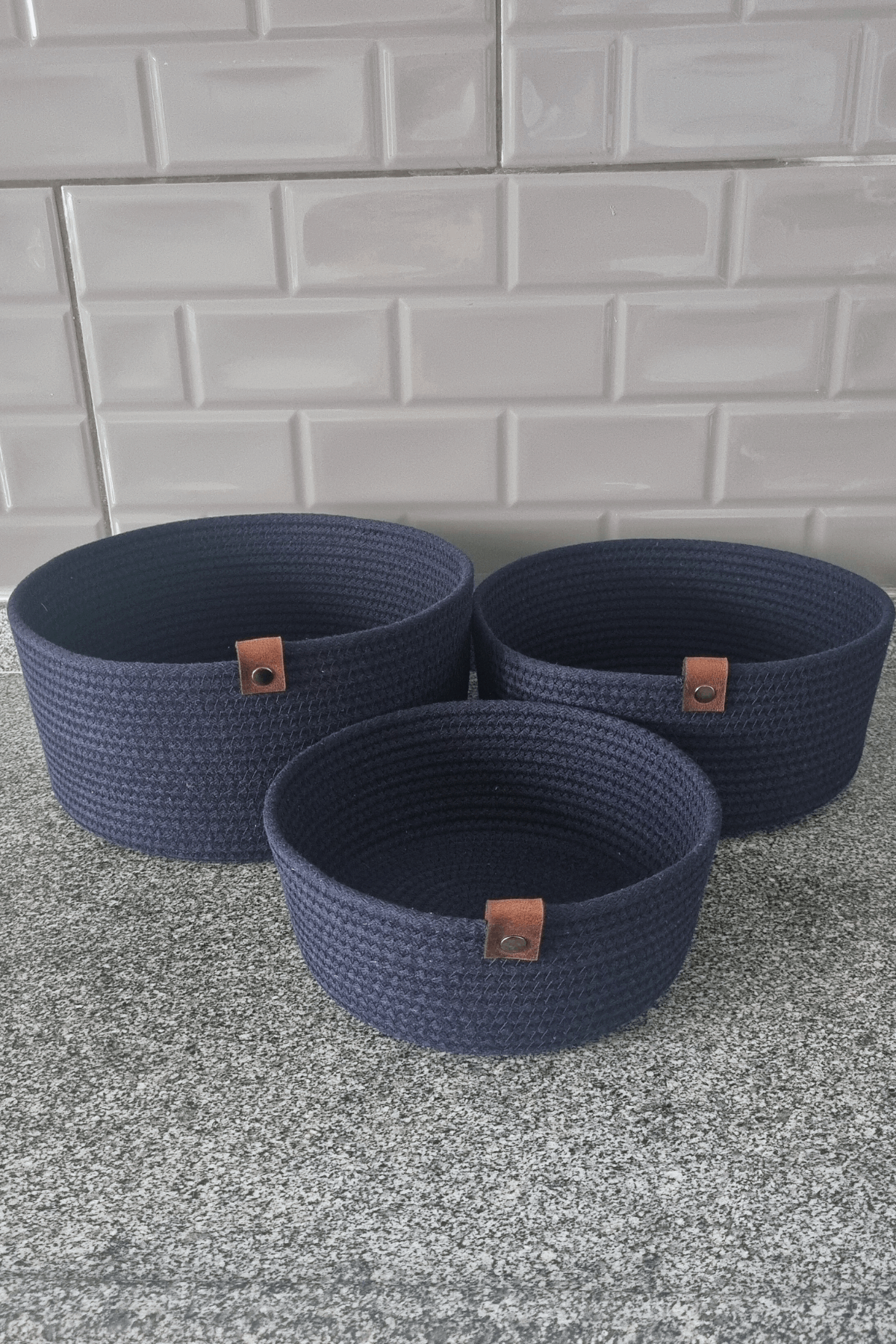 3lü Set Yuvarlak Jüt Hasır Sepet, Çok Amaçlı Düzenleyici, Kordon İp Sepet, Organizer, Lacivert