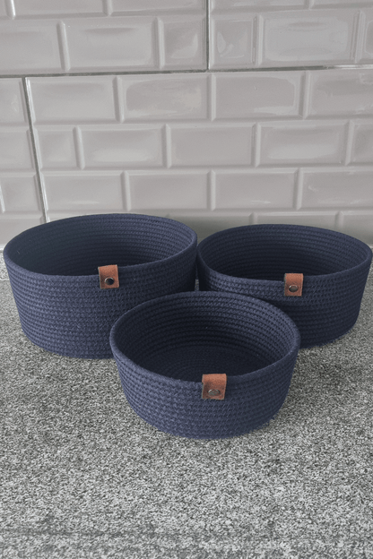 3lü Set Yuvarlak Jüt Hasır Sepet, Çok Amaçlı Düzenleyici, Kordon İp Sepet, Organizer, Lacivert
