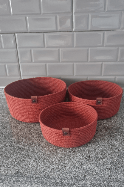 3lü Set Yuvarlak Jüt Hasır Sepet, Çok Amaçlı Düzenleyici, Kordon İp Sepet, Organizer, Kiremit Renk