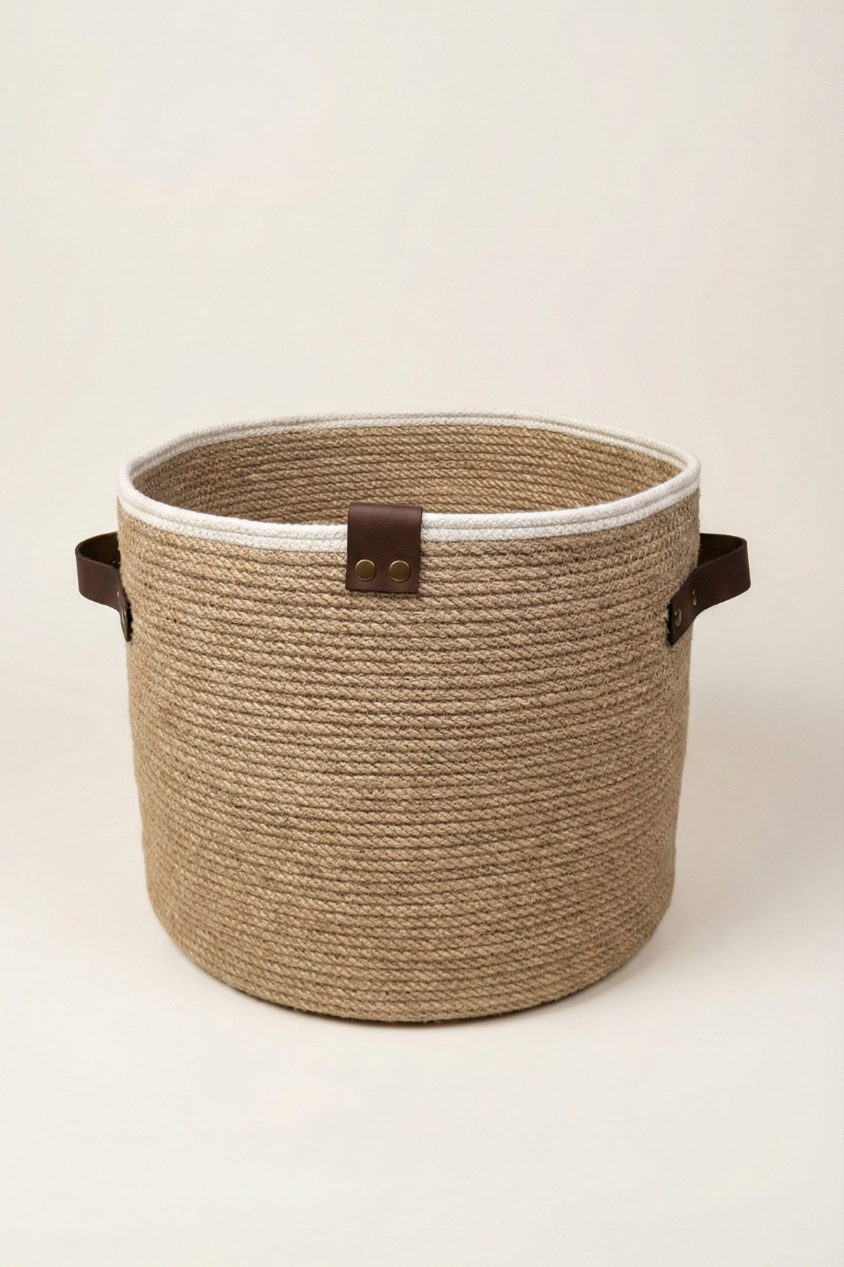 Jüt Deri Saplı Hasır Sepet, Çamaşır Sepeti, Oyuncak Sepeti, Organizer, Düzenleyici, 35x30cm