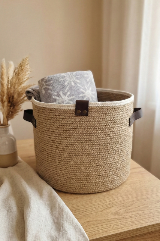 Jüt Deri Saplı Hasır Sepet, Çamaşır Sepeti, Oyuncak Sepeti, Organizer, Düzenleyici, 35x30cm