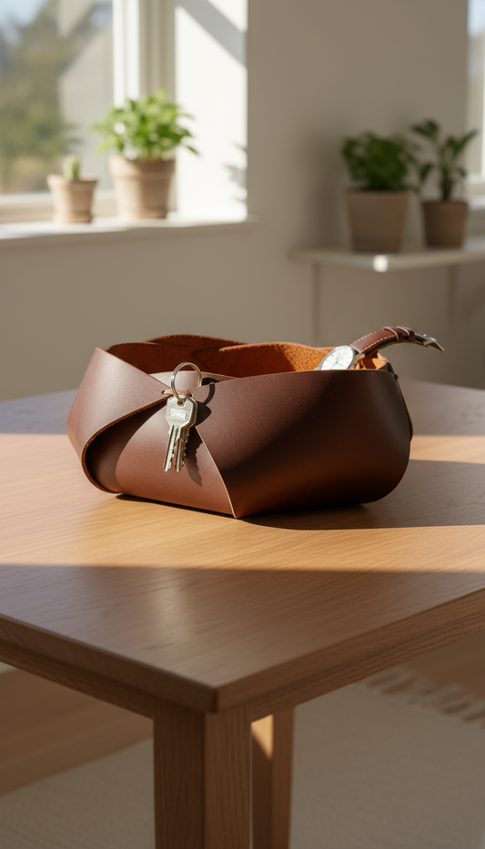 Hakiki Deri El Yapımı Sepet, Deri Düzenleyici Dekoratif Sepet, Deri Sepet Düzenleyici