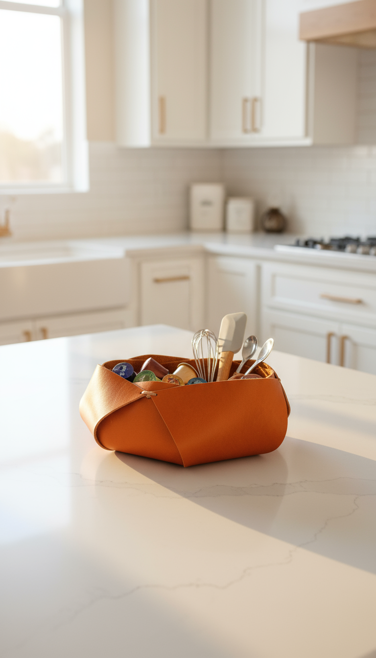 Hakiki Deri El Yapımı Sepet, Deri Düzenleyici Dekoratif Sepet, Deri Sepet Düzenleyici