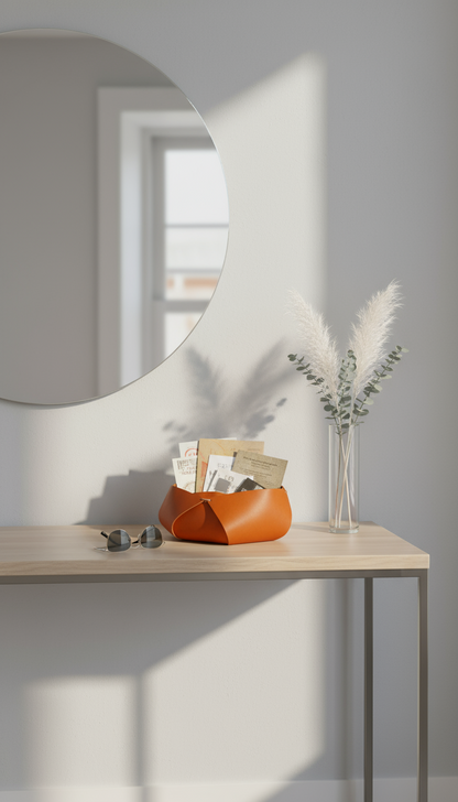 Hakiki Deri El Yapımı Sepet, Deri Düzenleyici Dekoratif Sepet, Deri Sepet Düzenleyici