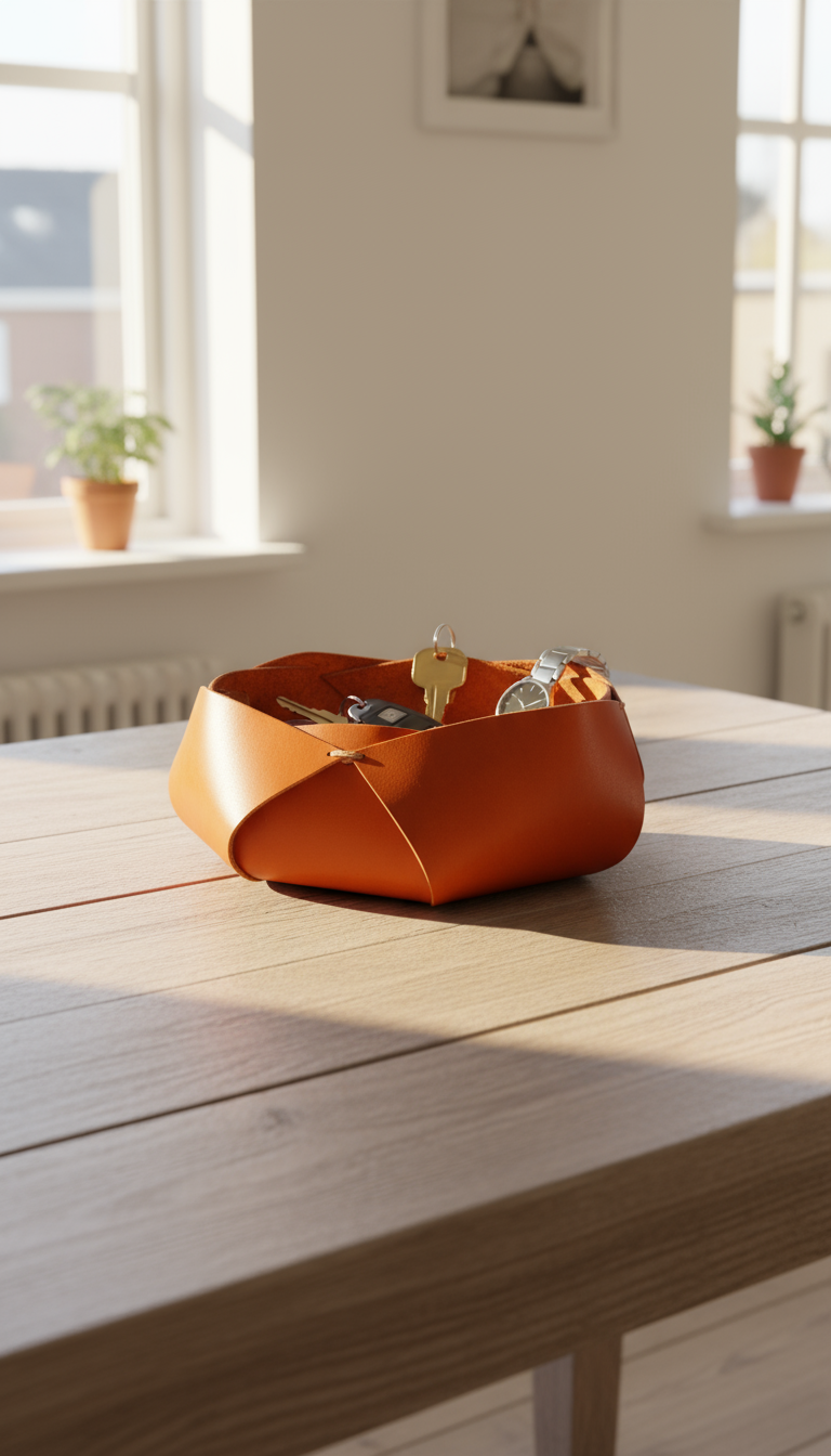 Hakiki Deri El Yapımı Sepet, Deri Düzenleyici Dekoratif Sepet, Deri Sepet Düzenleyici