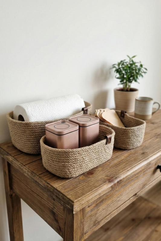 3lü Set Jüt Hasır Düzenleyici Sepet Seti, Dikdörtgen Jüt Sepet, Hasır Organizer