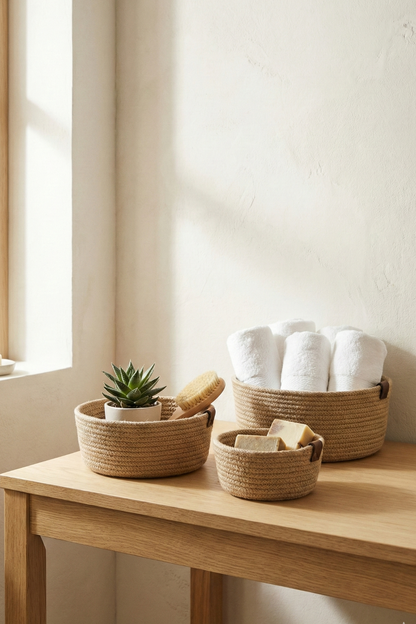 Jüt Hasır Sepet 3 Lü Oval Düzenleyici, Jüt Sepet Organizer 3lü Mutfak & Banyo Düzenleyicisi