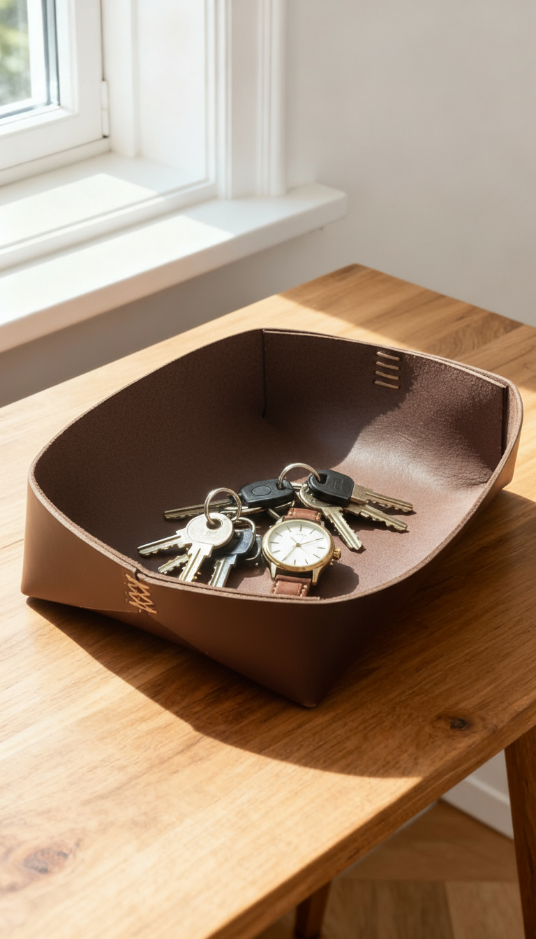 El Yapımı Hakiki Deri Sepet, Dekoratif Anahtar Sepeti, Hediyelik Dekor Kase, Deri Saklama Tepsisi