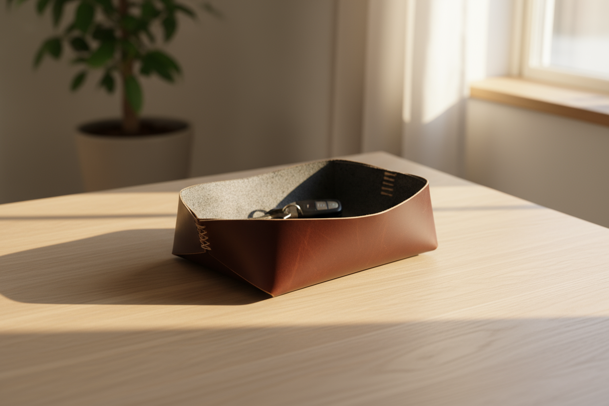 El Yapımı Hakiki Deri Sepet, Dekoratif Anahtar Sepeti, Hediyelik Dekor Kase, Deri Saklama Tepsisi