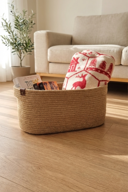 Jüt Hasır Oval Dekoratif Sepet, Çok Amaçlı Düzenleyici Jüt Sepet, Hasır Organizer Sepet